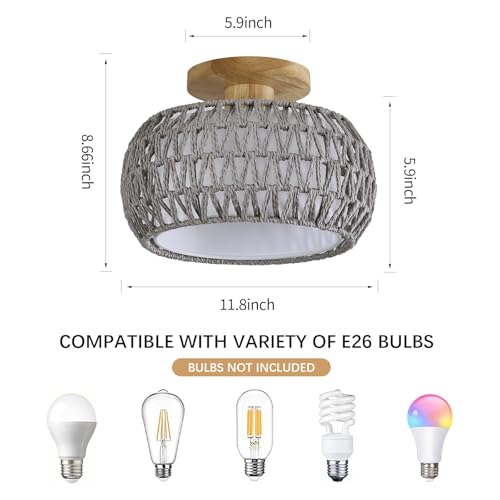 Boho Rattan Ceiling Light Fixture - 3 Style Options Wicker Semi Flush Mount Ceiling Lights,Grey Coastal Light Fixtures,Bohemian Woven Basket Chandelier for Hallway Bedroom Nursery Kitchen Laundry - color: Gray