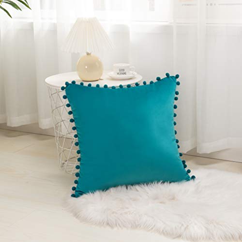 Elegant Comfort POM-POMS Fringe Velvet Cushion Covers Set of 2, Velvet Soft Solid Decorative Square Throw Pillow Covers Set Cushion Case for Couch Bed, Livingroom 20 x 20 Inch (50 x 50 cm), Turquoise - color: Turquoise, size: 20" x 20" (Pack of 2)