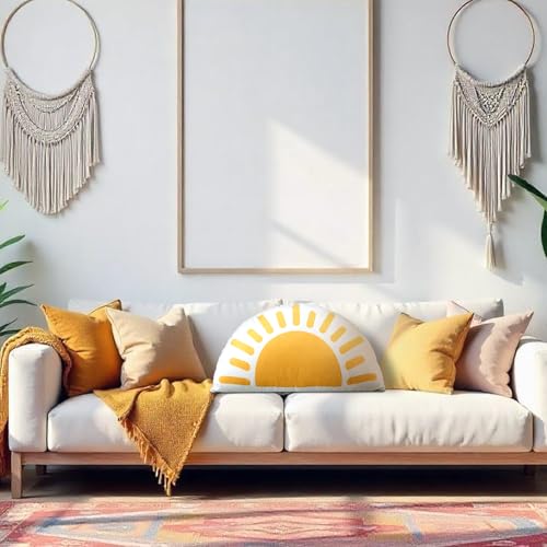 Newwiee Sunshine Throw Pillow for Classroom Reading Corner Boho Sun Pillow Back to School Decor Soft Velvet Semicircular Cushion for Book Nook Student Dorm Room and Cozy Reading Spot 15.75 x 9.84 Inch - style: Sun