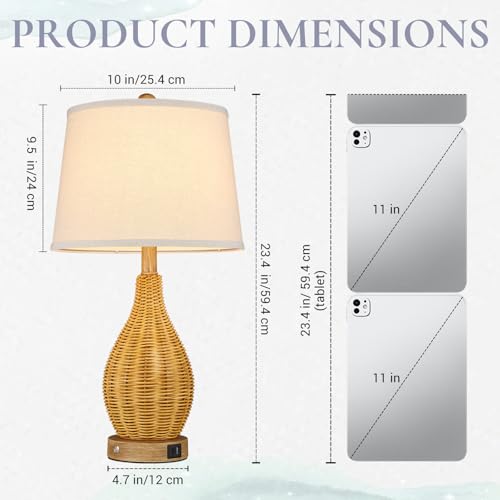 Hamilyeah 23" Farmhouse Table Lamp with Bulb Included and USB Charging Ports, Boho Bedside Lamp with Fabric Shade, Woven Rattan Nightstand Lamp for Bedroom, Living Room, Office - color: Wood