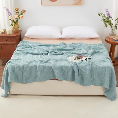 Love's cabin 100% Cotton Muslin Blanket, 6 Layer Lightweight Breathable Gauze King Size Blanket 108 x 90 Inches, Soft Summer Blanket for Bed, Cyan - color: Cyan, size: King(108"x90")