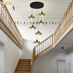 Long Chandelier for High Ceilings Flower Pendant Light 6-Lights Modern Black Chandelier Green Hanging Flush Mount Lighting Fixtures for Spiral Staircase Foyer Entryway Living - color: Green, 6 Lights