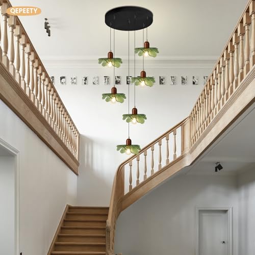 Long Chandelier for High Ceilings Flower Pendant Light 6-Lights Modern Black Chandelier Green Hanging Flush Mount Lighting Fixtures for Spiral Staircase Foyer Entryway Living - color: Green, 6 Lights