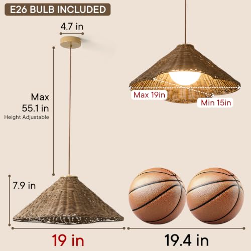 19” Rattan Chandelier Light Fixture, Boho Chandeliers Hand Woven Wicker Pendant Light, Vintage Chandelier for Dining Room, Rustic Hanging Lighting for Kitchen Island, Foyer - size: 19 inch