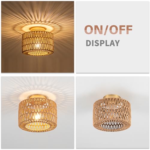 Rpzloila Rattan Ceiling Light, 1 Light Bohemian Modern Woven Flush Mount Ceiling Light, Boho Light Fixture for Bedroom Living Room Dining Room, Gold Finish - color: Gold, size: 1-Light-Round