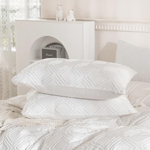 JELLYMONI Pillowcases King Size Bright White 2 Pack Boho Plaid Bed Pillow Covers 20x36in Polyester Envelope Pillow Shams Tufted Bohemian Textured (Pillows are not Included) - color: 04 - Bright White - Grid, size: 36" x 20" (Pack of 2)