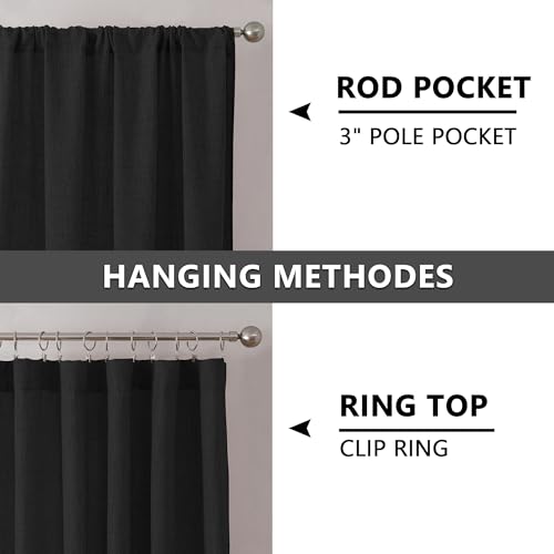 Tollpiz Short Linen Tier Curtains Rod Pocket Semi Sheer Half Kitchen Curtain Burlap Light Filtering Thick Linen Drapes for Bathroom, 30 x 24 inches Long, Black, Set of 2 Panels - color: Black, size: 30"W x 24"L (Pack of 2)