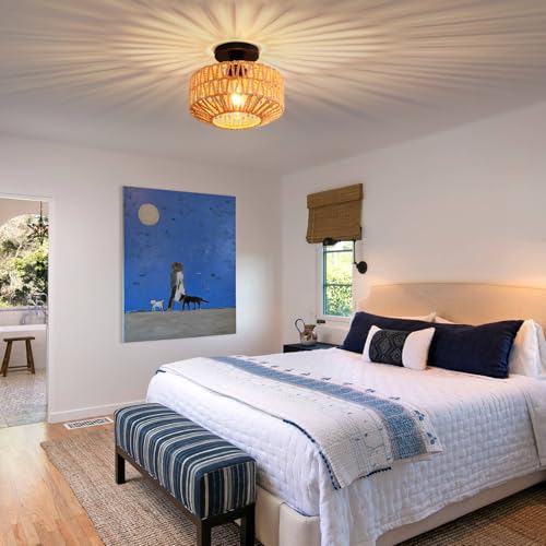 Ceiling Light Fixture,Hand-Woven Rattan Flush Mount Ceiling Light,Farmhouse Light Fixtures Ceiling Mount Boho for Hallway Bedroom Kitchen Entryway Living Room - color: 9.8 IN Ceiling Light