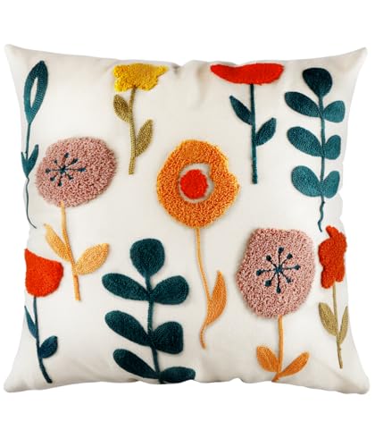 Embroidered Throw Pillow Cover - 20x20 Decorative Pillow Cover with Zipper Aesthetic Cute Design Boho Spring Summer Cozy Throw Pillowcase for Living Room Couch Sofa Bed, Plants - color: Plants, size: 20" x 20" (Pack of 1)