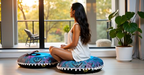 Round Mandala Floor Pillow Cover Seating Cushion Throw Cover Hippie Decorative Bohemian Ottoman Pouf Cover, Pom Pom Pillow Cases,Boho Indian 22 Inches (Multi Color Yin yang) - color: Yin Yang
