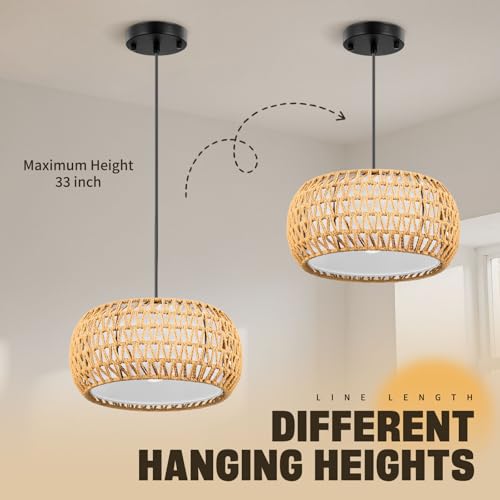 Pendant Lights, Plug in Pendant Light, Hanging Lamp, Boho Lamp, Woven Rattan Pendant Lamp Shade for Kitchen Island, Modern Farmhouse Chandelier Light Fixtures (Bohemian 1)