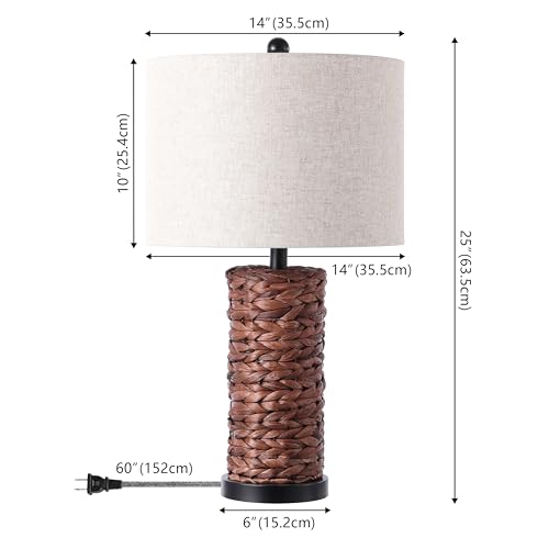 JONATHAN Y 25" Dark Brown Coastal Water Hyacinth Table Lamp Set of 2, Bedside Lamp with Light Grey Linen Shade, Boho Farmhouse Decor for Living Room Nightstand, LED Bulbs (JYL6502B-SET2) - color: Dark Brown