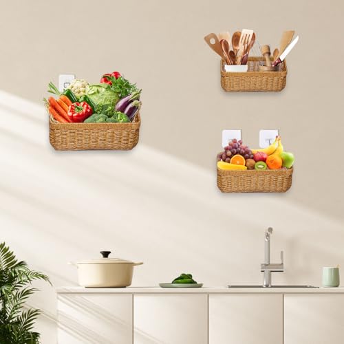 Wall Baskets Set of 2, Hanging Wicker Basket for Bathroom, Kitchen, Pantry, Living Room, 13.78"L× 5.71"W× 6.10"H and 10.83"L × 4.84" W× 4.92"L, Yellow - color: Yellow, size: S+M