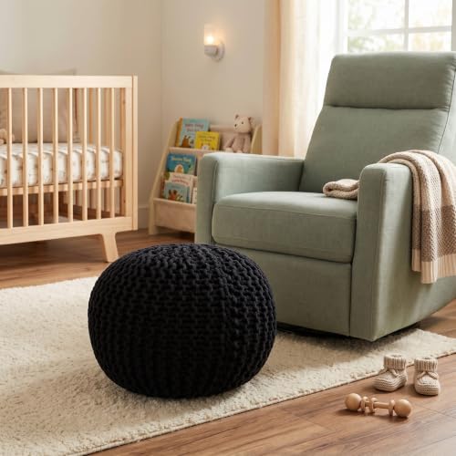 BIRDROCK HOME Round Pouf Ottoman Foot Rest - 18.5”x18.5”x15” Boho Compact Comfortable Soft Cotton Braided Foot Stool with Bean Bag Filling for Living Room, Bedroom, or Nursery (Black) - color: Black