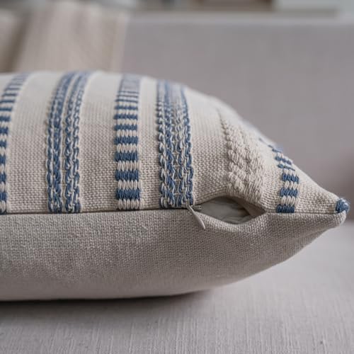 Cethom Blue and Beign Boho Throw Pillow Covers 18x18 Inch Set of 2, Stripe Textured Decorative Couch Pillow Cases for Bed, Sofa, Living Room, Bedroom, Farmhouse Home Accent Cushion Covers - color: Blue, size: 18" x 18" (Pack of 2)