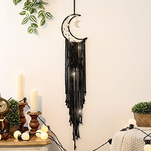 ANROYE Boho Macrame Woven Wall Hanging, Crochet Crescent Moon Star Dream Catcher with Long Tassel- Black Cotton Handmade Bohemian Home Decor Nursery Decoration Art for Kids Bedroom Dorm Room - color: Black, size: Without Light