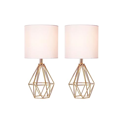 Gold Small Table Lamp Set of 2, Modern Bedside Nightstand Lamps with Geometric Metal Base White Fabric Shade, Cute Desk Lamp for Living Room Bedroom - color: Gold-2 Pack