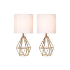 Gold Small Table Lamp Set of 2, Modern Bedside Nightstand Lamps with Geometric Metal Base White Fabric Shade, Cute Desk Lamp for Living Room Bedroom - color: Gold-2 Pack