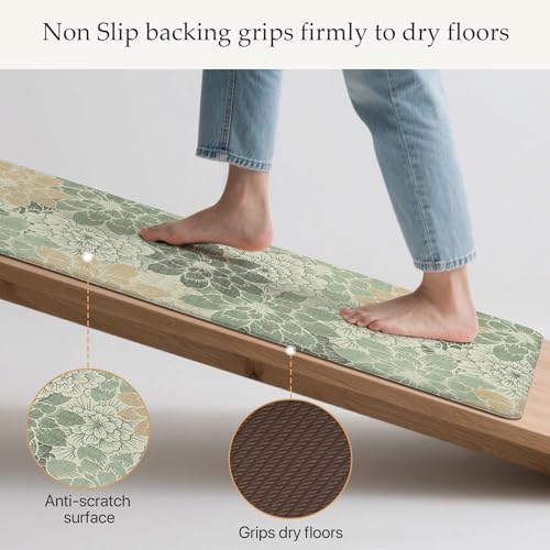 GENIMO Kitchen Mats for Floor, Kitchen Rugs Non Slip Washable Sets of 2, Waterproof Cushioned Anti Fatigue Mat, Floral Runner Rug for Laundry, Sink, Office, Home, 17.3"x47"+17.3"x30", Green - color: Green, size: 17.3"x47"+17.3"x30"