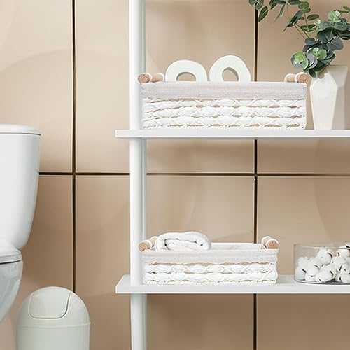 Storage Basket Wicker Baskets for Organizing with Handle Decorative Storage Bins for Countertop Toilet Paper Storage Basket for Toilet Tank Top Small Baskets Set (Set of 2,White) - color: white