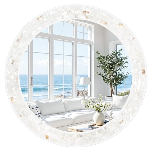 Tanmicoshomy Round Wall Mirror 24 Inch,Circle Mosaic Mirror with Natural Mother of Pearl and Wood Frame, Decorative Coastal Round Wall Mirror for Bathroom Bedroom Living Room Entryway - color: White, size: 24"L x 24"W