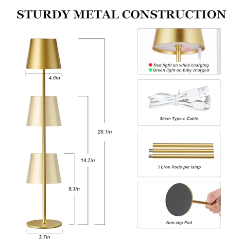 Kakanuo 20" Cordless Table Lamp Rechargeable Gold - 2 Pack 5000mAH Battery Operated Lamp for Counter, 3 Color Stepless Dimming Wireless Lamp for Dining Kitchen, Outdoor Patio, Touch Control - color: Gold 1, size: 2 Pack 20in - Down Light