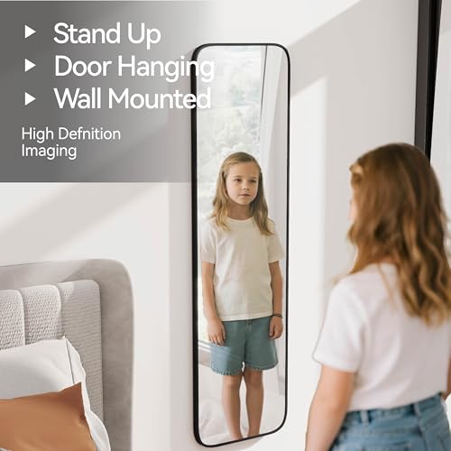 SCWF-GZ 57x16 Full Length Mirror Over The Door Hanging, Floor Stand/Wall Mounted Aluminum Alloy Frame Dressing Mirror for Bedroom Living Room 57 inch Black - color: Black, size: 57"L x 16"W