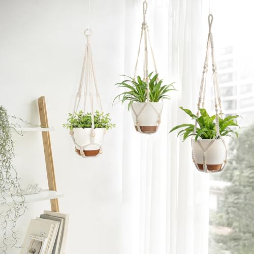 Mkono 3 Pack Hanging Planters for Indoor Plants with Self Watering, Outdoor Hanging Plant Pots with 35"/29"/23" Macrame Plant Hangers, 2 Types of Hanging Baskets for Garden Home Decor - color: Ivory