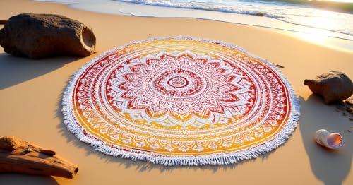 Mandala Round Beach Tapestry Boho Hippie Blanket Bohemian Large Table Cloth Home Decor Yoga Mat Meditation Picnic Rug Throw Hippy Gypsy Tablecloth Roundie (42 Inches, Yellow-Orange) - color: Yellow-orange, size: 42"L x 42"W