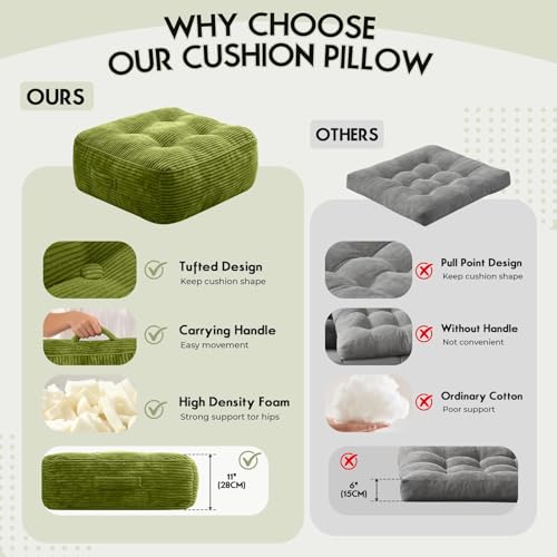 11" Thick Washable Floor Pillow for Adults, Yoga & Meditation Cushion with Handle, Square Large Pillows Seating with Removable Tufted Corduroy Cover for Tatami Living Room Board Games, Green - color: Green