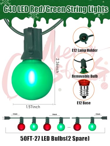 SUNSGNE 50FT G40 Round Christmas Lights Outdoor, Globe Christmas String Lights with 27 LED Frosted Red Green Lights(2 Spare) for Patio Balcony Roofline House Tree Decor, Green Wire - color: Frosted Red Green, size: 50FT