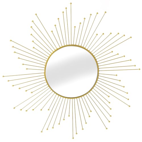 Large Gold Sunburst Mirror - 31" Starburst Wall Mirror with 12" Round Glass, Mid-Century Modern Elegant Gold Sun Mirrors for Living Room, Bedroom, Entryway Decor - size: 31"L x 31"W