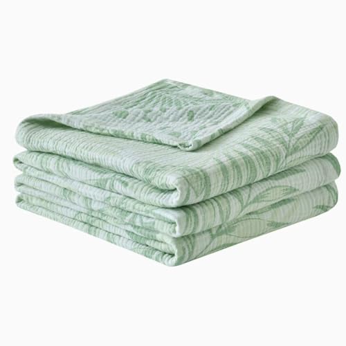 100% Cotton Muslin Throw Blanket Queen 90"x92", Vintage Indoor and Outdoor Use, Reversible and Breathable Fabric for Yard Picnics, Bedding or Chair Cover, Green Leaves - color: Root={'value': "['Green']"}, size: \'Queen (90" x 94")\'