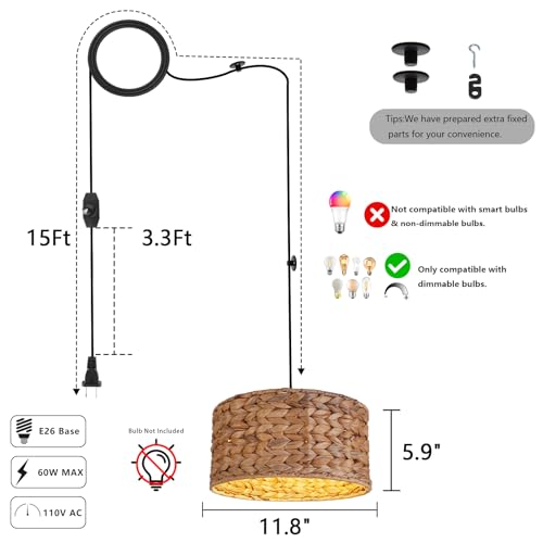 HuisMier Rattan Plug in Pendant Light with 15 Ft Plug in Cord, Wicker Woven Lampshade Hanging Lamp with Dimmable Switch, Plug in Boho Hangiing Light Fixture for Kitchen Island Bedroom Dinning Room - color: Brown Cylinder