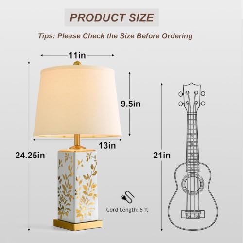 24.25" Mid Century Modern Lamp Set of 2, Vintage Farmhouse Chinoiserie Ceramic Table Lamps, Reflective Gold Leaf Pattern Bedside Lamps for Bedroom Living Room Nightstand, White & Gold - style: Reflective Gold Leaf