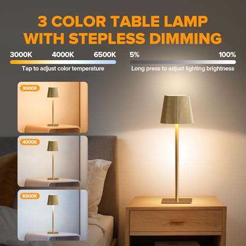 LUTEC 4 Pack Cordless Table Lamp,6000mAh Rechargeable Battery Operated Desk Lamp,Two Adjustable Heights,Waterproof, Touch Control & 3 Color Stepless Dimming for Restaurant/Bedroom/Bars/Outdoor (Gold) - color: Gold