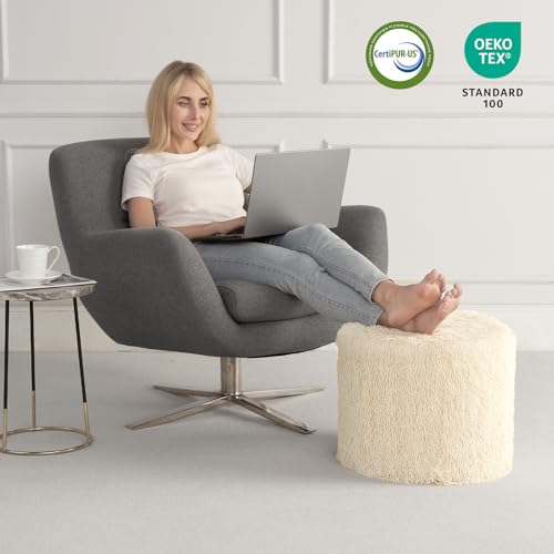 Hansleep Round Stuffed Pouf Ottoman 17 x 14, Foam Filled Faux Fur Ottoman Foot Rest for Chair with Washable Cover, Foot Stools Under Desk for Living Room & Bedroom, Beige - color: Beige, size: 17"D x 17"W x 14"H