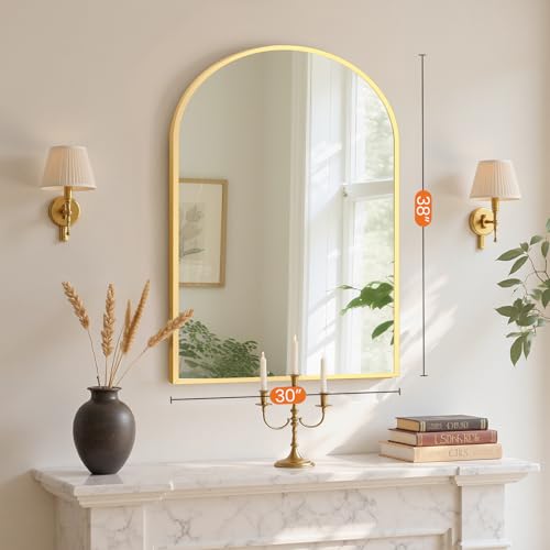 Sweetcrispy 38"x30" Arched Gold Bathroom Mirrors for Wall, Bathroom Mirrors for Over Sink, Metal Framed with HD Shatter-Proof Glass for Entryway, Living Room, Bedroom, Home Decor - color: Gold, size: 30"L x 38"W