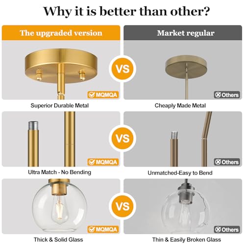 2 Pack Gold Globe Pendant Lights, Mid Century Gold Pendant Light Fixtures, Globe Pendant Lights Kitchen Island with Clear Glass Shade Adjustable Hanging Fixture for Dining Room (Bulbs not Included) - color: Brushed Gold + Clear Glass 2 Pack