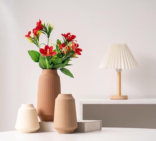 Ceramic Vase Set of 3, Modern Multicolor Pattern Flower Vases for Home Decor, Office, Centerpieces, Boho Farmhouse Style (Khaki/Brown/Beige) - color: Terracotta/Tan/Cream-vt2