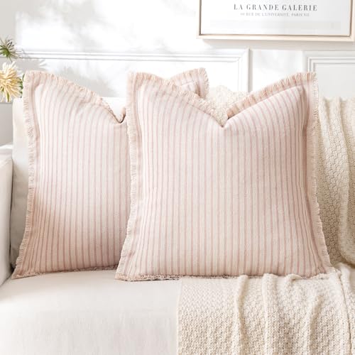 MIULEE Pack of 2 Pink Pillow Covers 18x18 Inch Striped Farmhouse Couch Spring Valentine Throw Pillow Covers with Fringe Chic Cotton Decorative Cushion Covers for Sofa Living Room Bed Home Decor - color: Pink, size: 18" x 18" (Pack of 2)