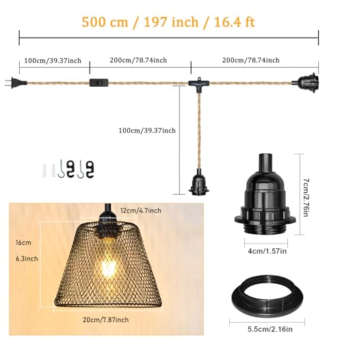 2-Light Plug in Pendant Light with Black Metal Cage Lampshade Ø20cm, E26/E27 Hemp Rope Vintage Hanging Lights Kit with Plug in Cord 19.68ft for Dining Room Living Room, No Bulb - color: 2-Light Hemp Rope with Shade