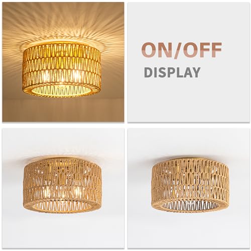 Rattan Ceiling Light Fixture, 3 Light Bohemian Modern Woven Ceiling Light, Boho Flush Mount Ceiling Light for Bedroom Living Room Dining Room, Bulb NOT Included - color: Gold, size: 3-Light-Round