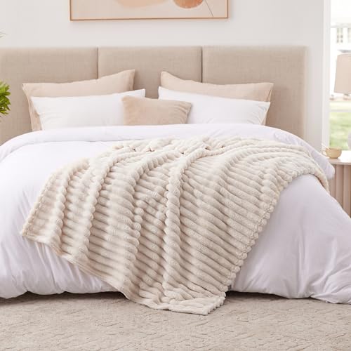 EXQ Home Fleece Throw Blanket for Couch or Bed - 3D Stripe Jacquard Decorative Blankets - Cozy Soft Lightweight Fuzzy Flannel Blanket Suitable for All Seasons(50"×60",Beige) - color: Beige, size: Throw