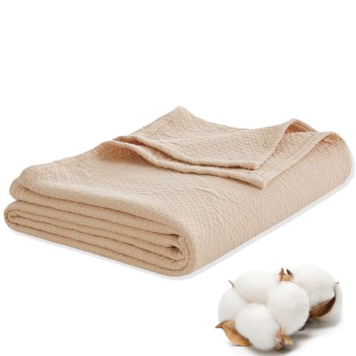 Premium 100% Cotton Blanket – All-Season Soft Breathable Bed Blanket for Twin Size – Lightweight Stylish Textured Throw for Bed– Giftable Cozy Bedding - color: Beige, size: Twin(60" x 80")