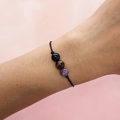 BOHO GARDEN Healing Bead Bracelets - Spiritual Crystal Beaded Bracelet - Made of 3 Real & Natural Gemstones, Adjustable 3-9.7” Black Rope - Gem Stones Jewelry for Men, Women, Teens (13+) - 8mm Bead - color: NoNegativity