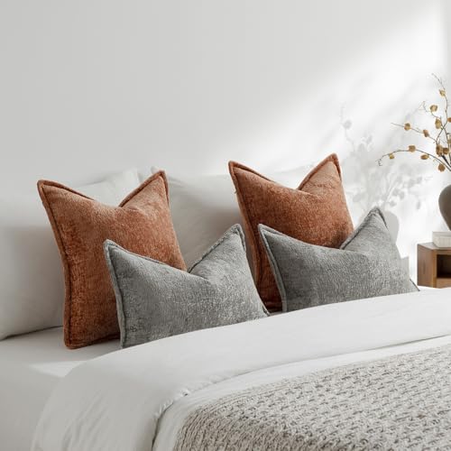 DEZENE Pack of 2 Burnt Orange Fall Decorative Throw Pillow Covers 22x22 Cozy Soft Chenille Accent Vintage Square Couch Pillow Covers for Home Decor Bed Sofa Living Room - color: Burnt Orange, size: 22" x 22" (Pack of 2)