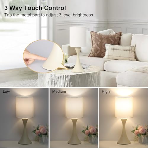 Seaside village Dimmable Bedside Lamp, 3 Way Touch Control Table Lamp, Modern Nightstand Lamp with Beige Shade and Cream Base, Small Desk Lamp for Living Room, Dorm, Home Office, 9W LED Bulb Included - color: Cream Base with Beige Shade