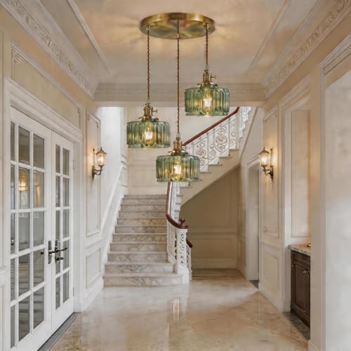 Green Striped Glass Pendant Light, 3 Natural Light Bulbs Included, Adjustable Cord with Switch, Suitable for Kitchen Island/Dining Room - color: Green 3pcs Ribbed Glass Pendant Light