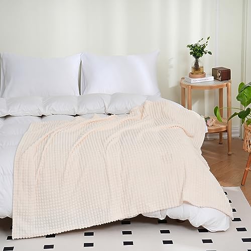 Cream White Throw Blanket 50"×70" Decorations Fleece Super Soft Plush Fuzzy Cozy Blanket with Square 3D Jacquard Grid Design Luxury Lightweight for Couch Sofa Chair - color: Cream White, size: 50"×70"